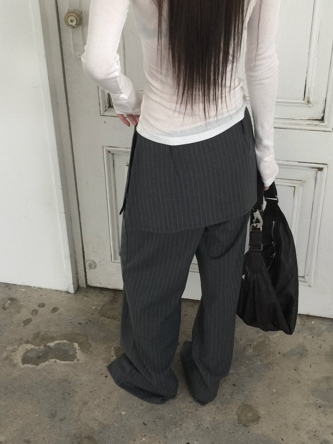 스커트 레이어드 핀스트라이프 와이드 슬랙스