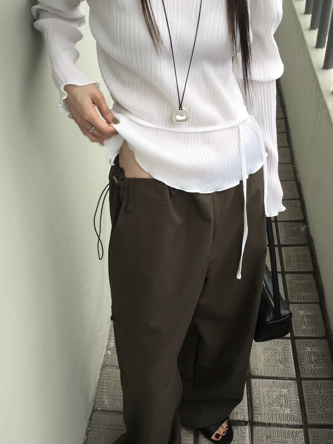 스트링 밴딩 카고 와이드팬츠