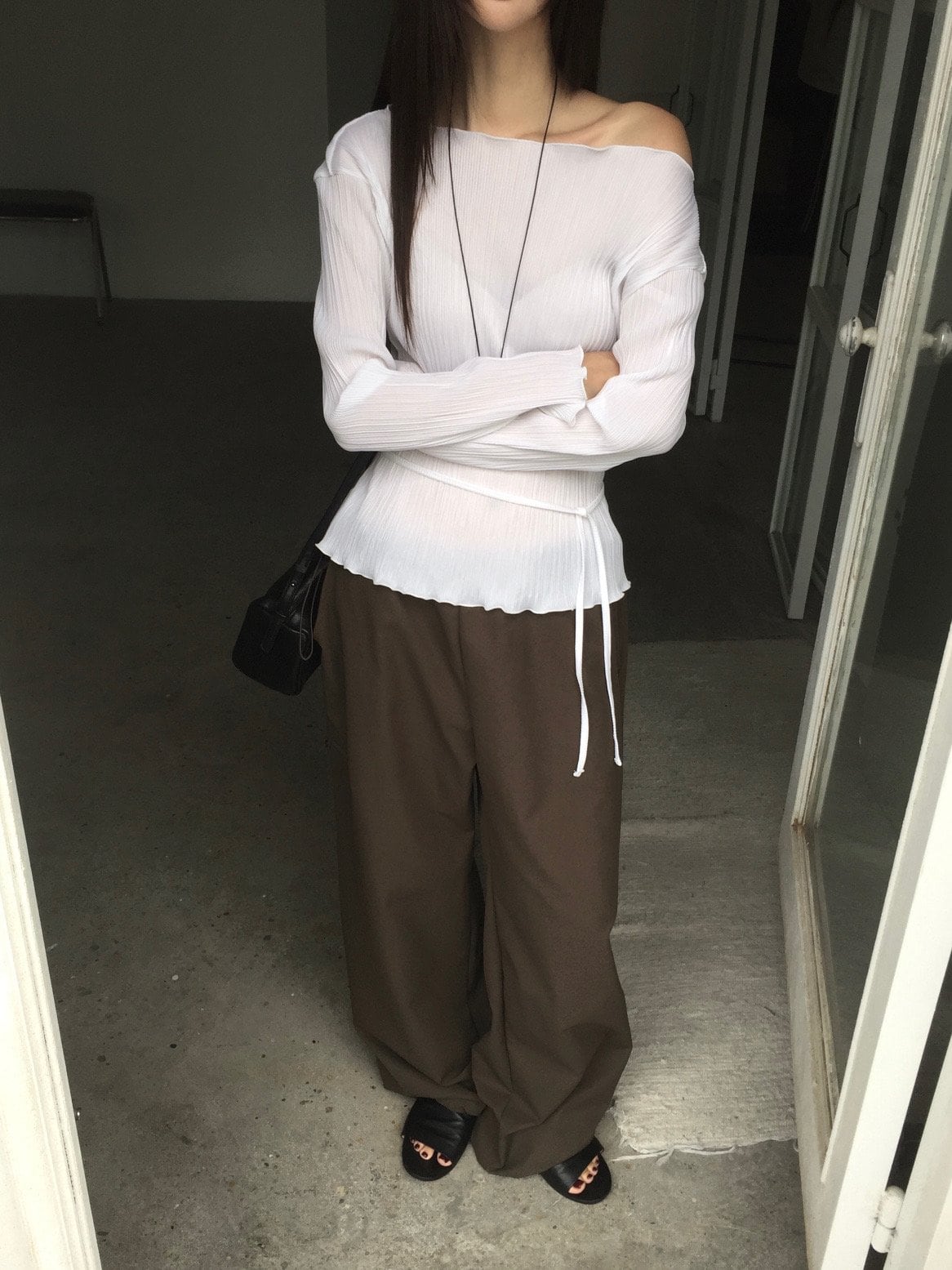 스트링 밴딩 카고 와이드팬츠