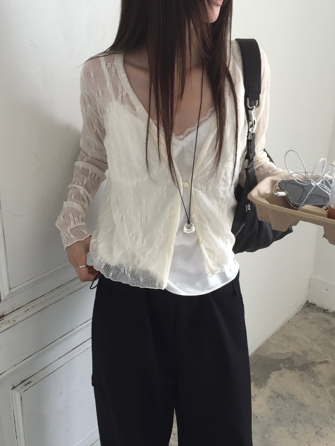 브이넥 레이스 시스루 가디건