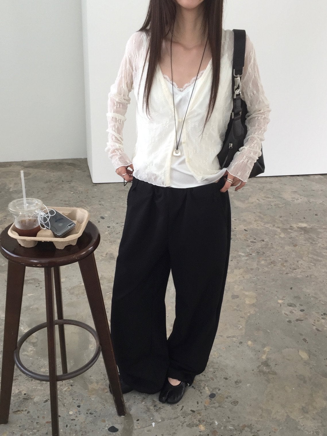 브이넥 레이스 시스루 가디건