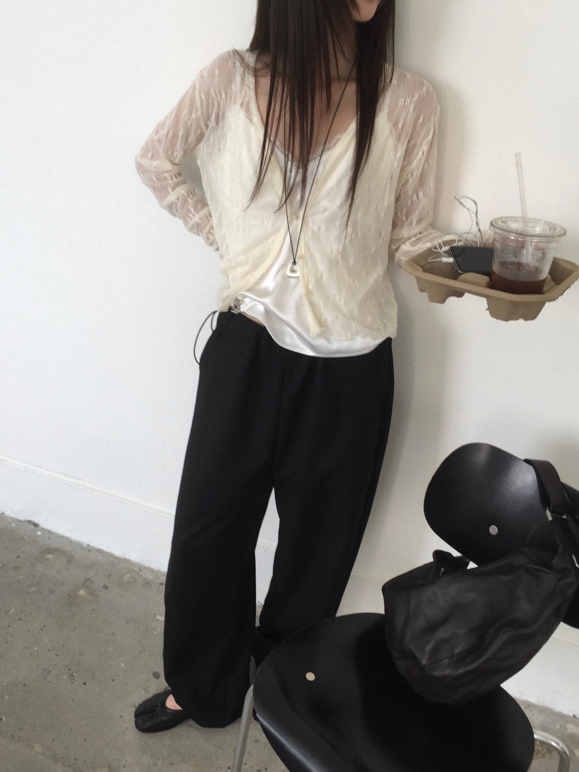 브이넥 레이스 시스루 가디건