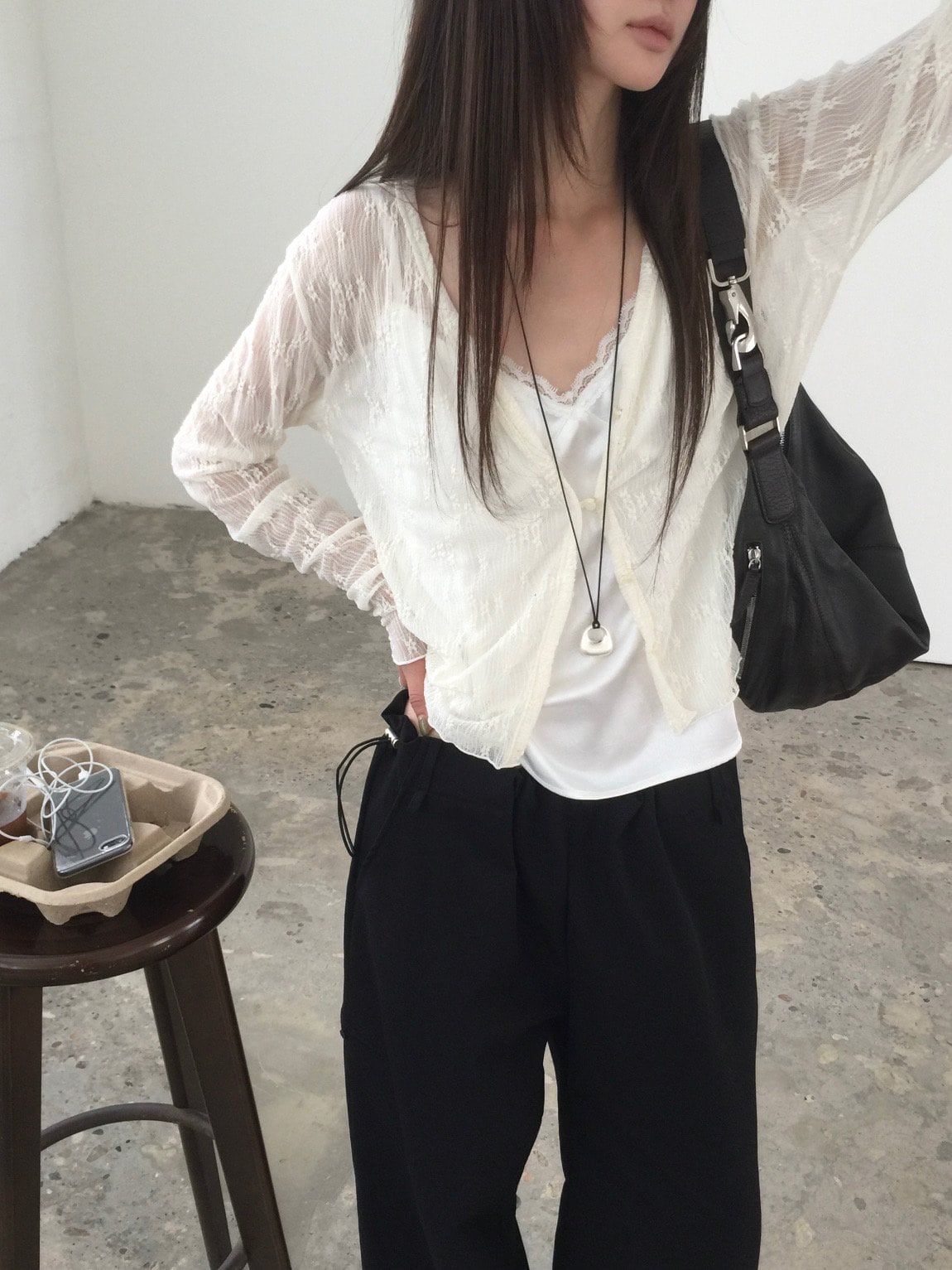 브이넥 레이스 시스루 가디건