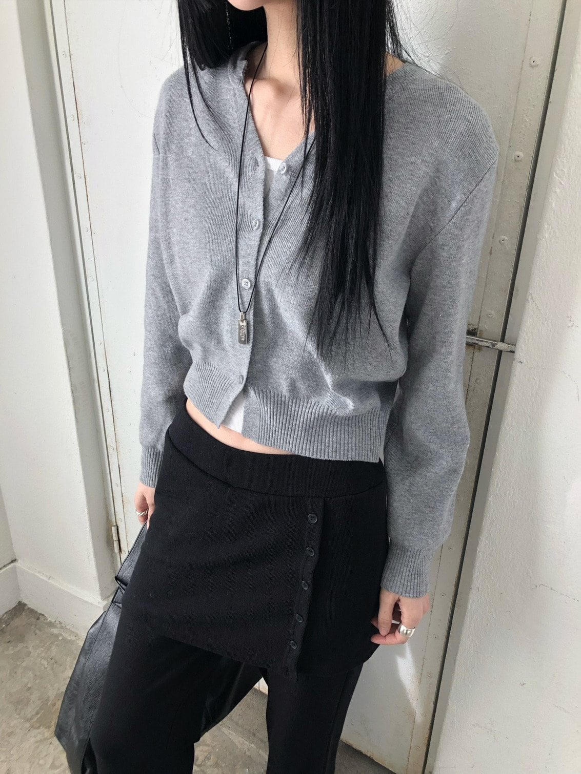 사이드버튼 스커트레이어드 밴딩 와이드팬츠