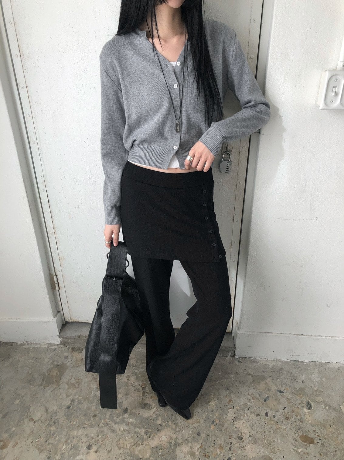 사이드버튼 스커트레이어드 밴딩 와이드팬츠