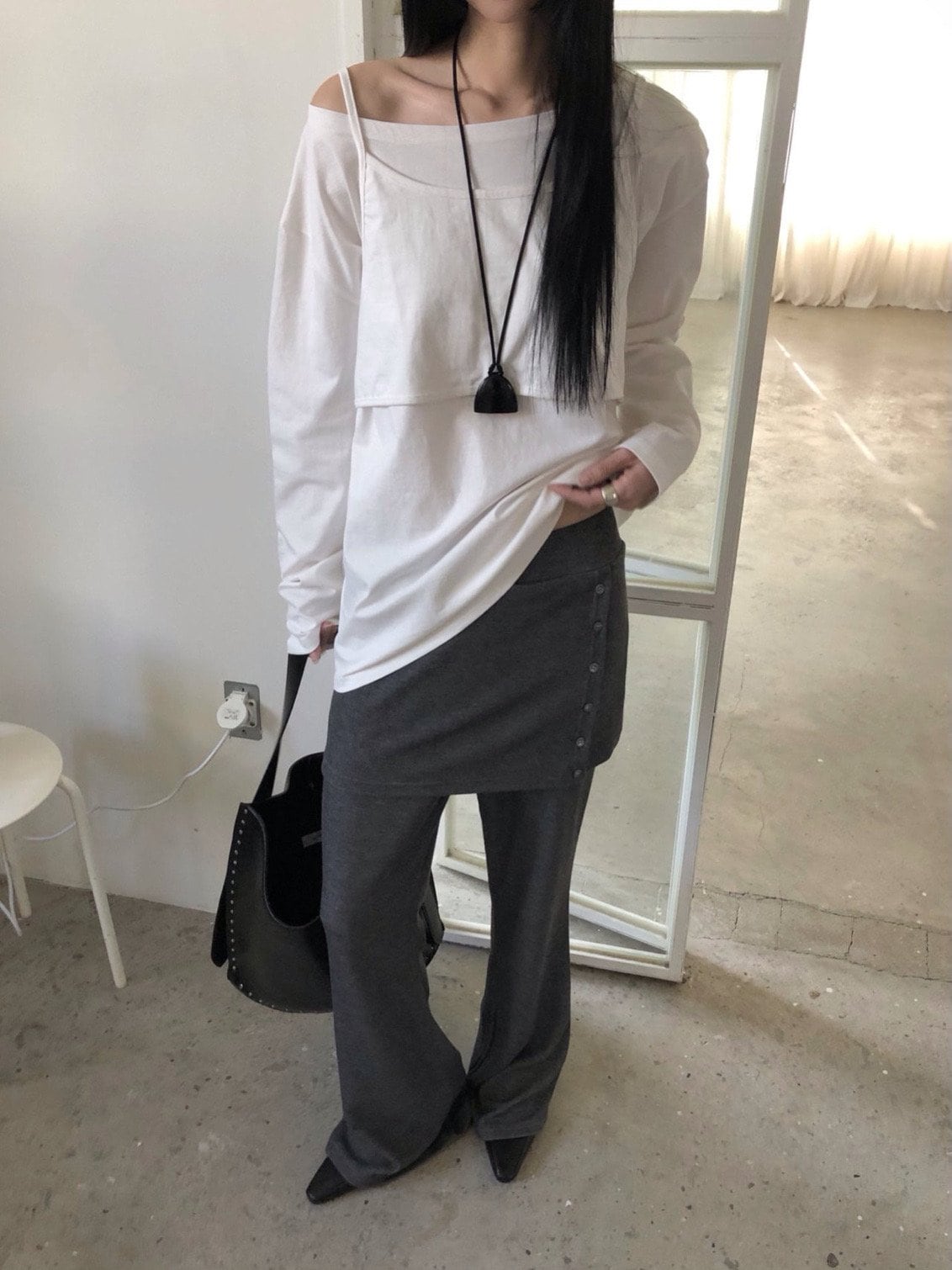 사이드버튼 스커트레이어드 밴딩 와이드팬츠