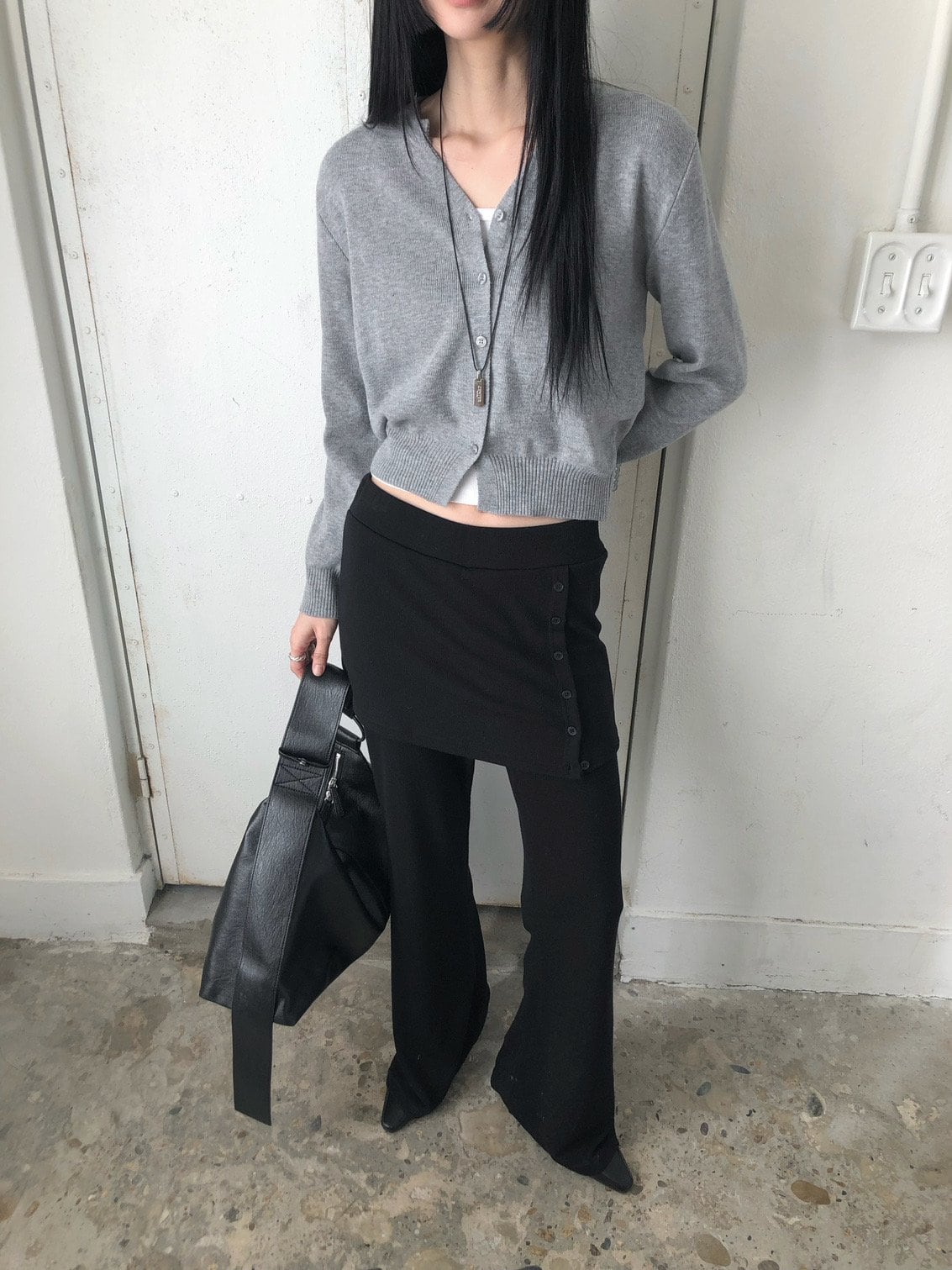 사이드버튼 스커트레이어드 밴딩 와이드팬츠