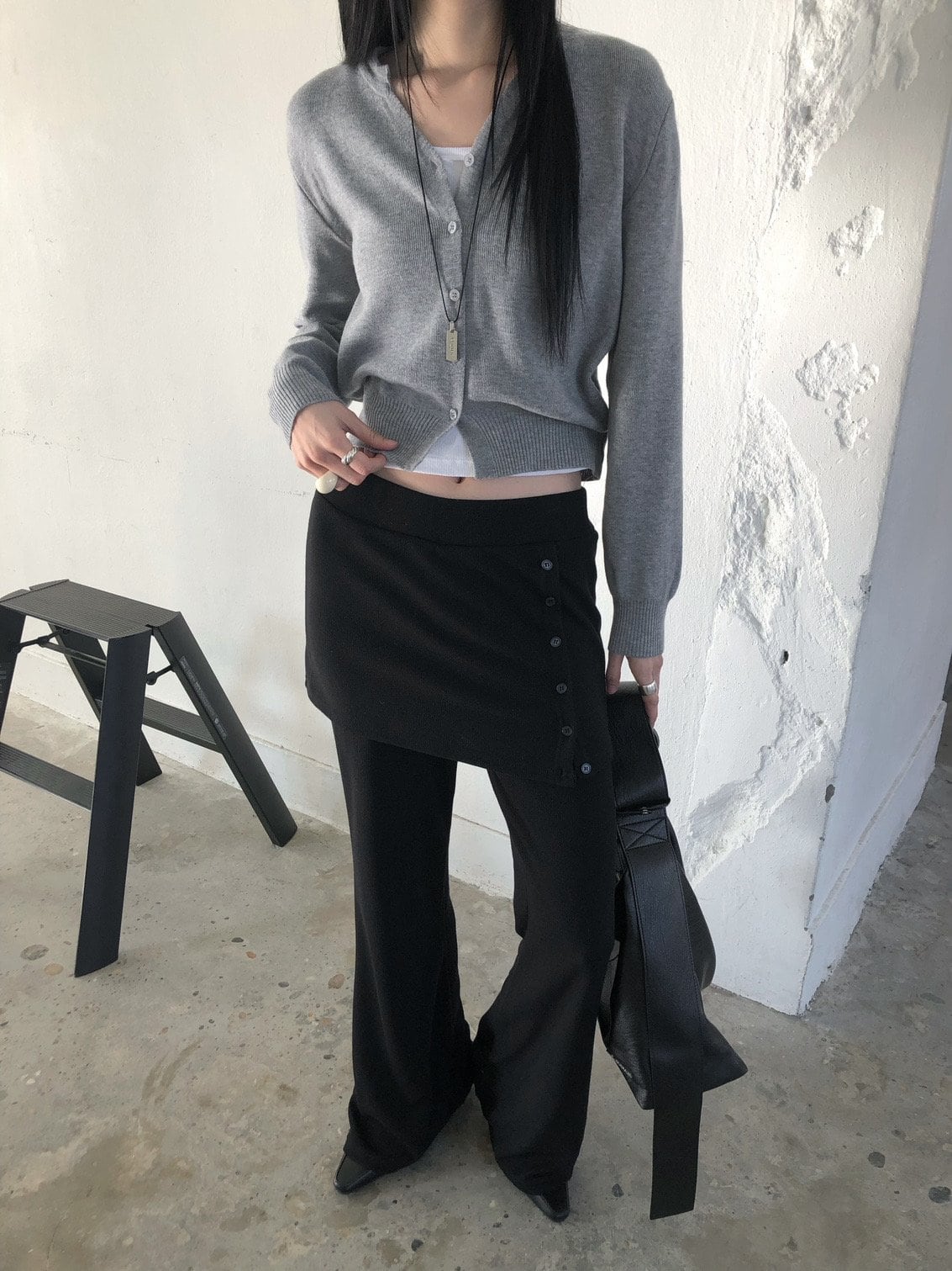 사이드버튼 스커트레이어드 밴딩 와이드팬츠