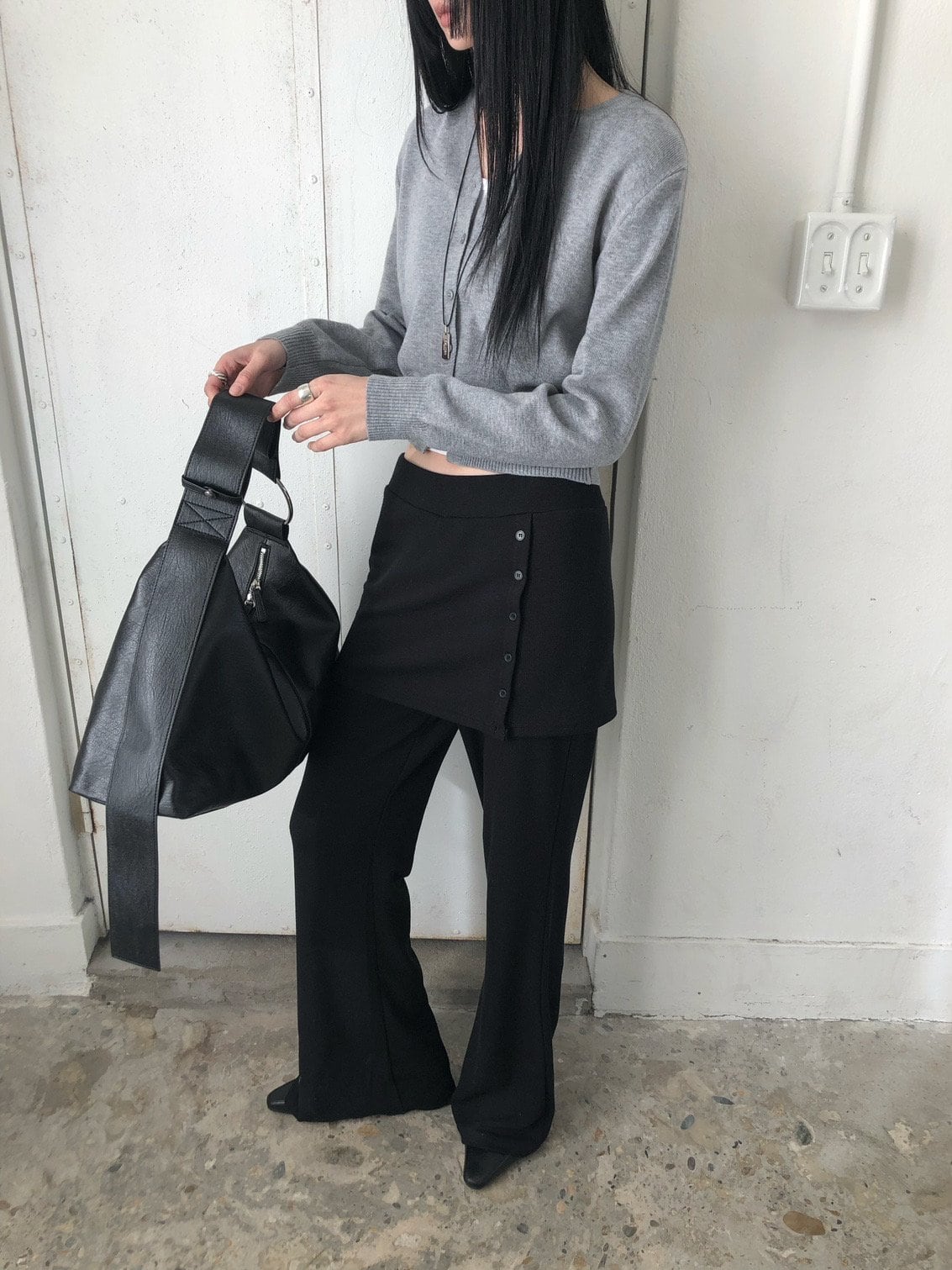 사이드버튼 스커트레이어드 밴딩 와이드팬츠