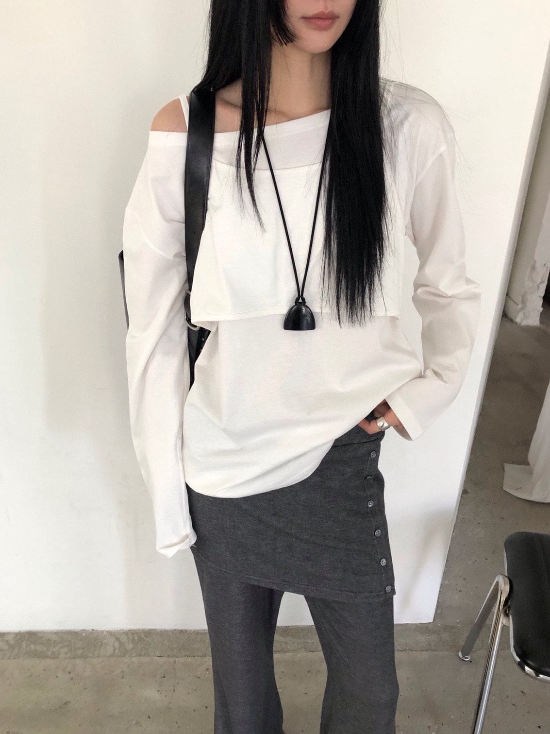 사이드버튼 스커트레이어드 밴딩 와이드팬츠