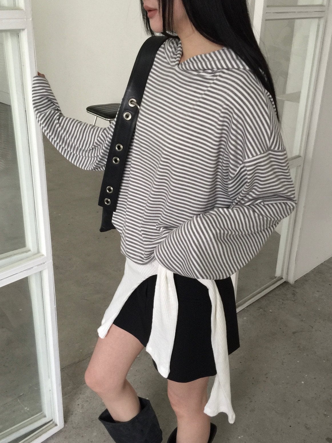 스트라이프 오버핏 후드 티셔츠