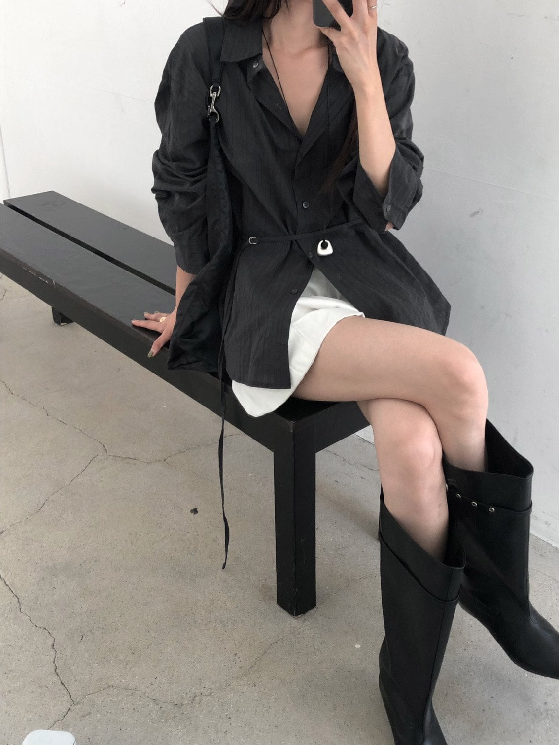 허리끈 스트라이프 코튼 셔츠