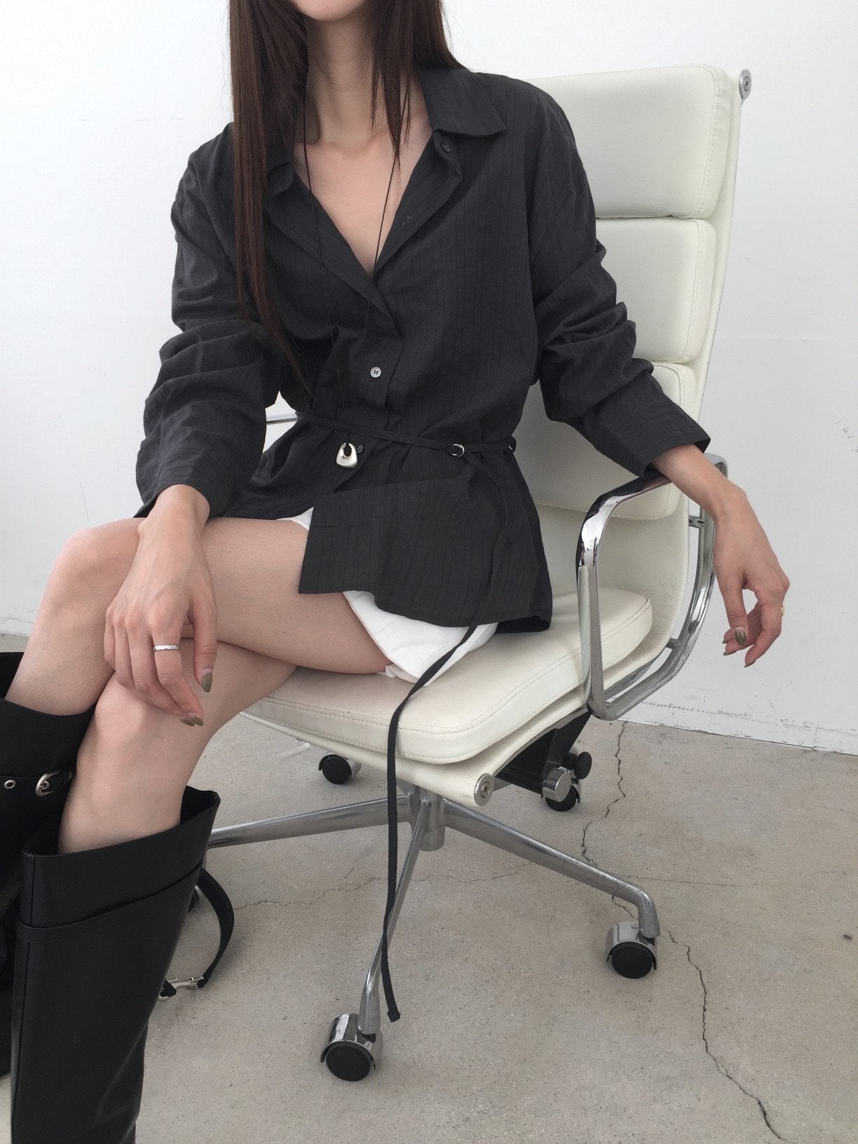 허리끈 스트라이프 코튼 셔츠